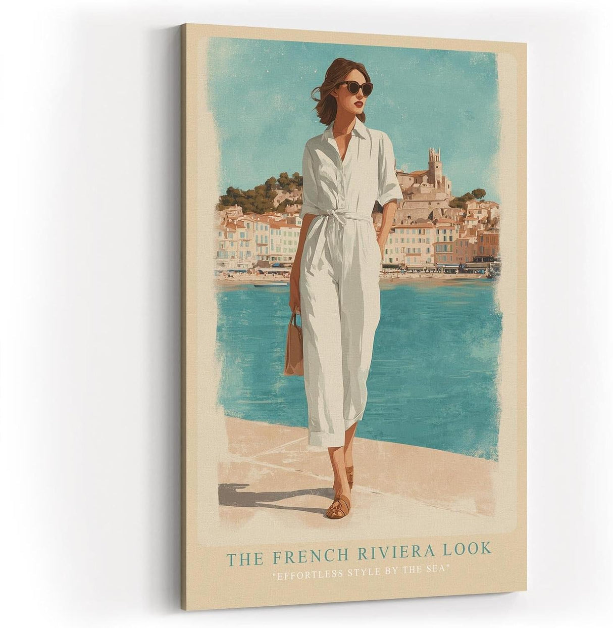 Paul Sinus Wandbild in 40x60cm Französische Riviera Frau im weißen Jumpsuit am Hafen mediterrane Eleganz auf Leinwand