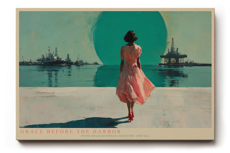 Paul Sinus Wandbild 120x80cm Frau am Hafen Moderne Küsten Illustration Kunstmotiv mit Meer Industrie Skyline für Wohnzimmer Büro