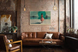 Paul Sinus Wandbild 120x80cm Frau am Hafen Moderne Küsten Illustration Kunstmotiv mit Meer Industrie Skyline für Wohnzimmer Büro