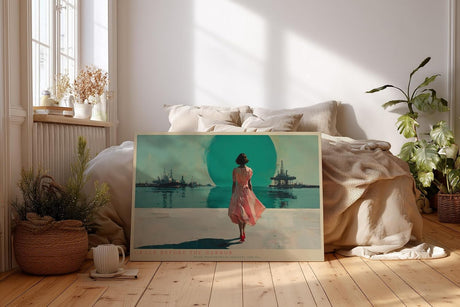 Paul Sinus Wandbild 120x80cm Frau am Hafen Moderne Küsten Illustration Kunstmotiv mit Meer Industrie Skyline für Wohnzimmer Büro