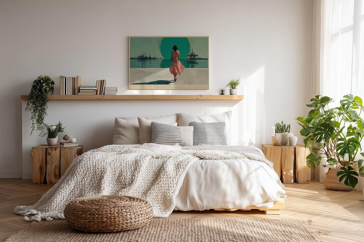 Paul Sinus Wandbild 120x80cm Frau am Hafen Moderne Küsten Illustration Kunstmotiv mit Meer Industrie Skyline für Wohnzimmer Büro