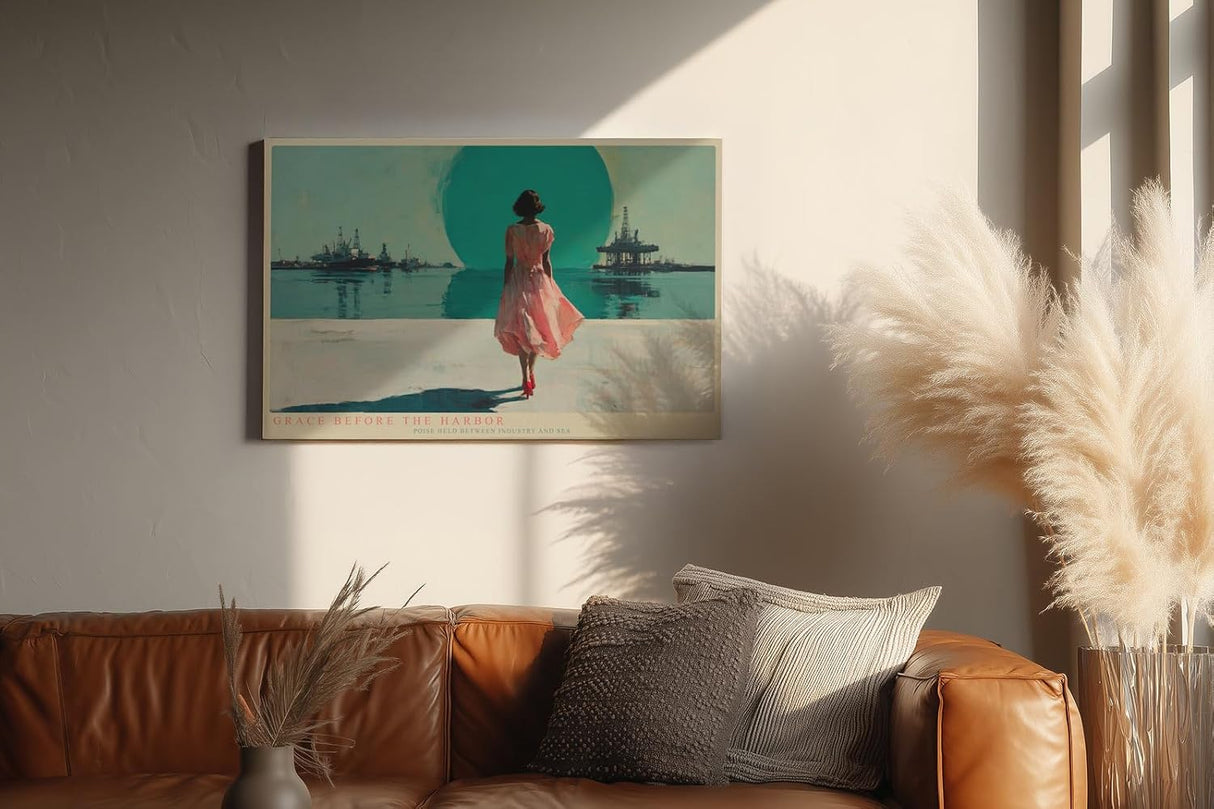 Paul Sinus Wandbild 120x80cm Frau am Hafen Moderne Küsten Illustration Kunstmotiv mit Meer Industrie Skyline für Wohnzimmer Büro