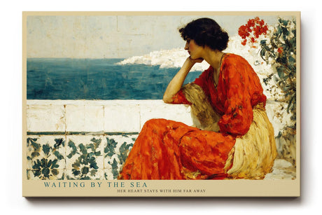 Paul Sinus Wandbild 120x80cm Frau am Meer in Rotem Kleid Klassische Küsten Kunst Wanddekoration