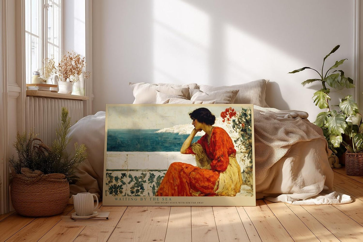 Paul Sinus Wandbild 120x80cm Frau am Meer in Rotem Kleid Klassische Küsten Kunst Wanddekoration
