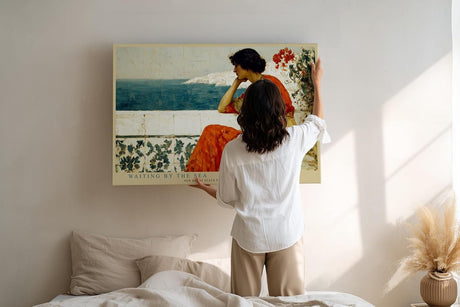 Paul Sinus Wandbild 120x80cm Frau am Meer in Rotem Kleid Klassische Küsten Kunst Wanddekoration