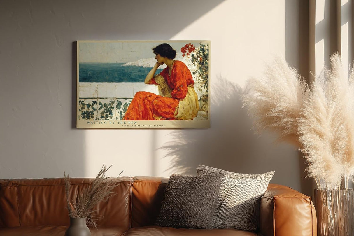 Paul Sinus Wandbild 120x80cm Frau am Meer in Rotem Kleid Klassische Küsten Kunst Wanddekoration