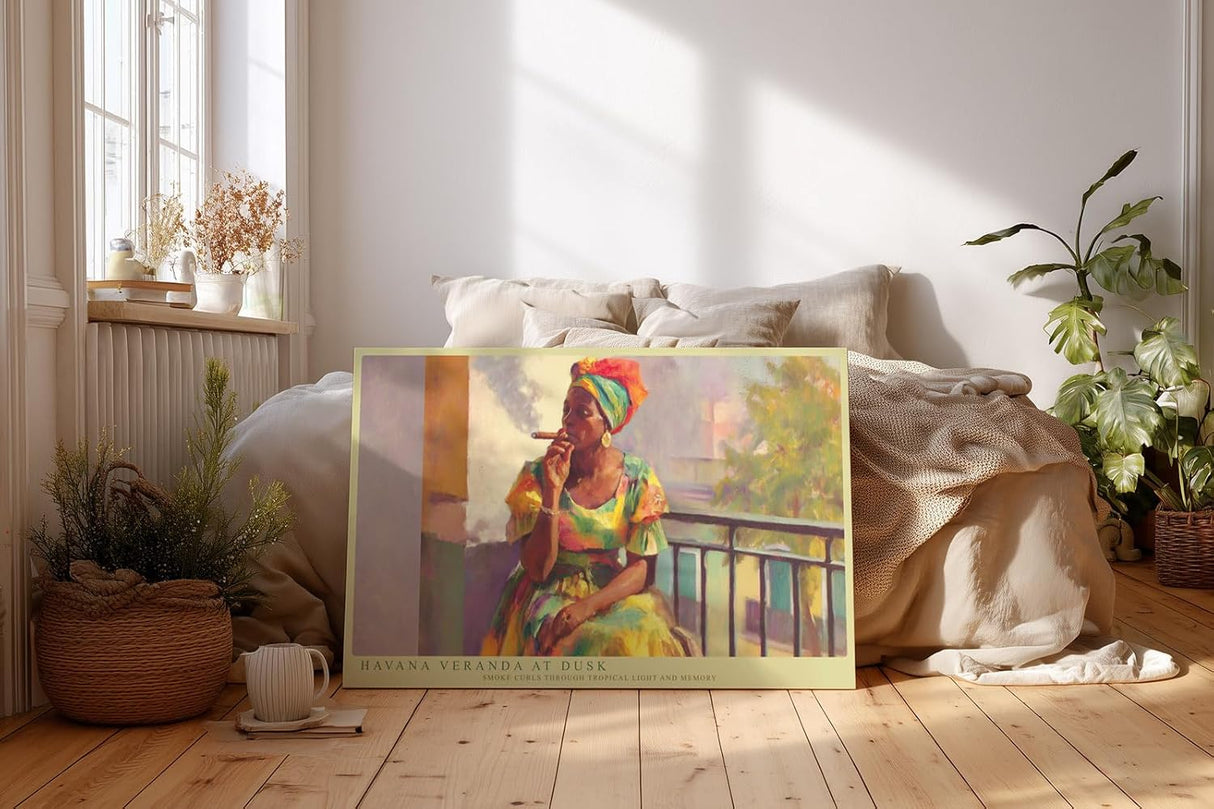 Paul Sinus Wandbild 120x80cm Frau auf Balkon Havanna Kunstmotiv mit Zigarren Szene fuer Wohnzimmer Büro und kulturelle Wohnräume