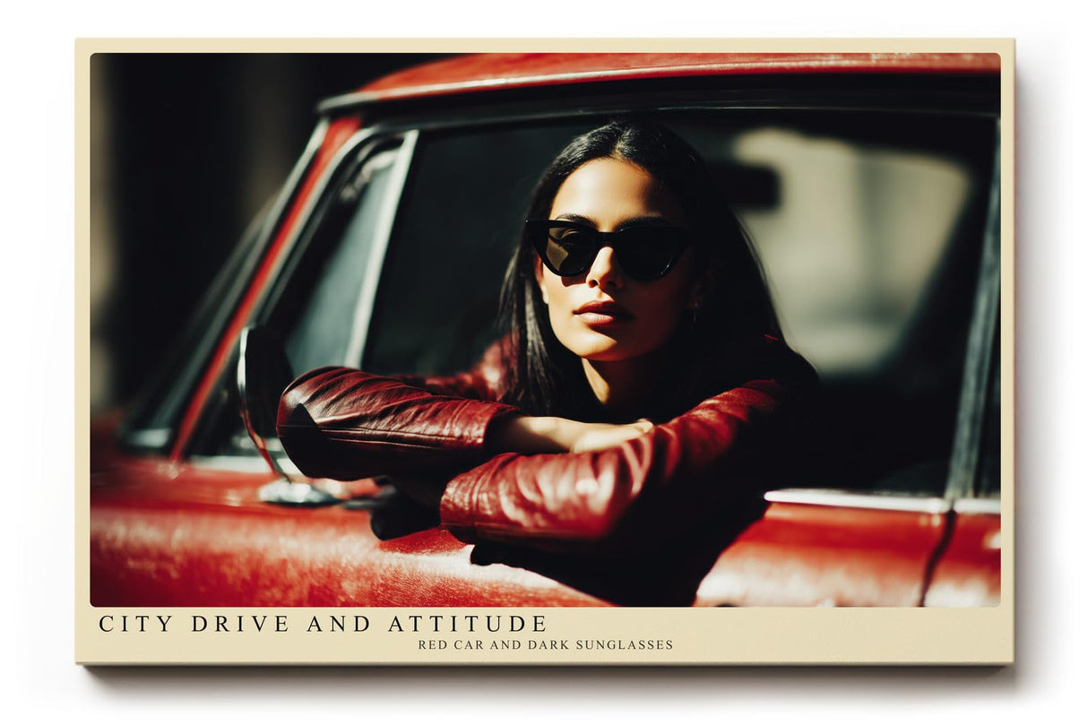 Paul Sinus Wandbild 120x80cm Frau im Auto moderne Porträtfotografie urbaner Lifestyle Sonnenbrille rotes Fahrzeug stilvolle