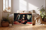 Paul Sinus Wandbild 120x80cm Frau im Auto moderne Porträtfotografie urbaner Lifestyle Sonnenbrille rotes Fahrzeug stilvolle