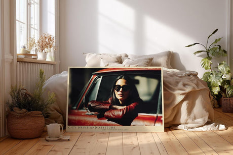 Paul Sinus Wandbild 120x80cm Frau im Auto moderne Porträtfotografie urbaner Lifestyle Sonnenbrille rotes Fahrzeug stilvolle