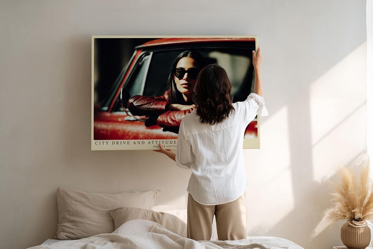 Paul Sinus Wandbild 120x80cm Frau im Auto moderne Porträtfotografie urbaner Lifestyle Sonnenbrille rotes Fahrzeug stilvolle