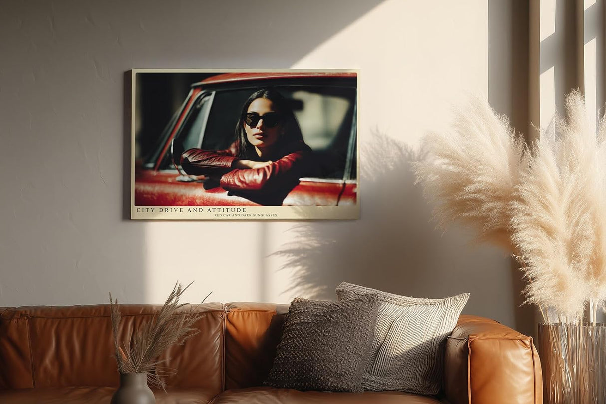 Paul Sinus Wandbild 120x80cm Frau im Auto moderne Porträtfotografie urbaner Lifestyle Sonnenbrille rotes Fahrzeug stilvolle