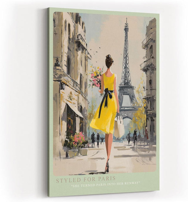 Paul Sinus Wandbild in 40x60cm Frau im gelben Kleid vor dem Eiffelturm – stilvolle Stadtszene mit französischem Charme für elegante Raumgestaltung