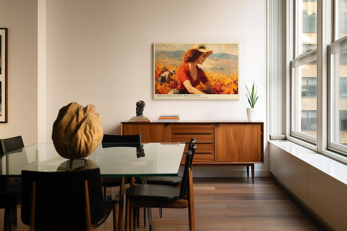 Paul Sinus Wandbild 120x80cm Frau im Goldenen Feld mit Rotem Kleid Impressionistische Natur Kunst Wanddekoration