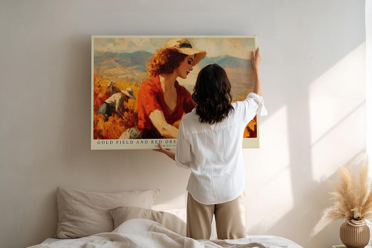 Paul Sinus Wandbild 120x80cm Frau im Goldenen Feld mit Rotem Kleid Impressionistische Natur Kunst Wanddekoration