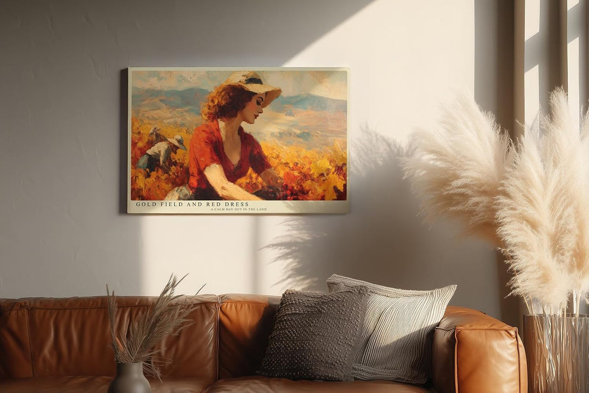 Paul Sinus Wandbild 120x80cm Frau im Goldenen Feld mit Rotem Kleid Impressionistische Natur Kunst Wanddekoration