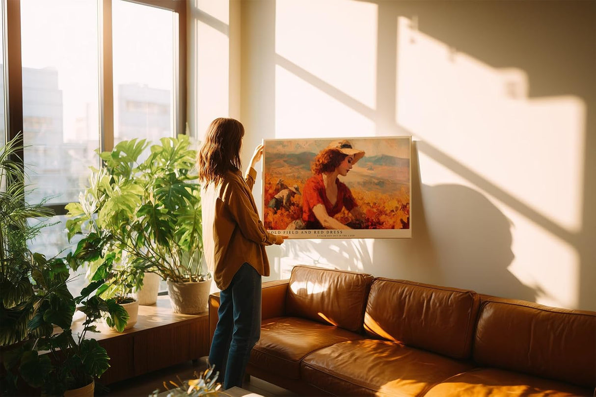 Paul Sinus Wandbild 120x80cm Frau im Goldenen Feld mit Rotem Kleid Impressionistische Natur Kunst Wanddekoration