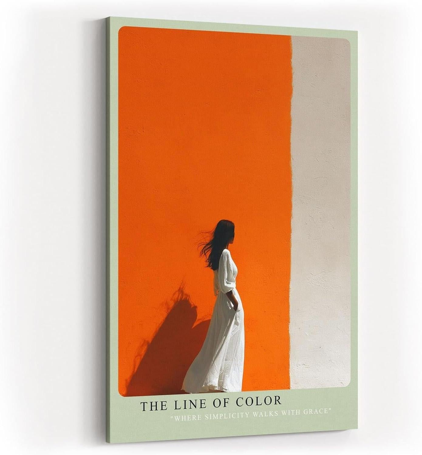 Paul Sinus Wandbild in 40x60cm Frau im weißen Kleid vor farbgetrennter Wand in Orange und Weiß