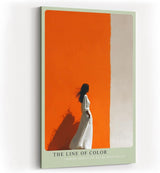 Paul Sinus Wandbild in 40x60cm Frau im weißen Kleid vor farbgetrennter Wand in Orange und Weiß