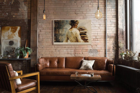 Paul Sinus Wandbild 120x80cm Frau mit Buechern Malerei modern beige literarische Kunst Kunstdruck grosses Kunstbild stilvolle Wanddekoration fuer Wohnzimmer Büro