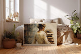 Paul Sinus Wandbild 120x80cm Frau mit Buechern Malerei modern beige literarische Kunst Kunstdruck grosses Kunstbild stilvolle Wanddekoration fuer Wohnzimmer Büro