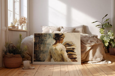 Paul Sinus Wandbild 120x80cm Frau mit Buechern Malerei modern beige literarische Kunst Kunstdruck grosses Kunstbild stilvolle Wanddekoration fuer Wohnzimmer Büro