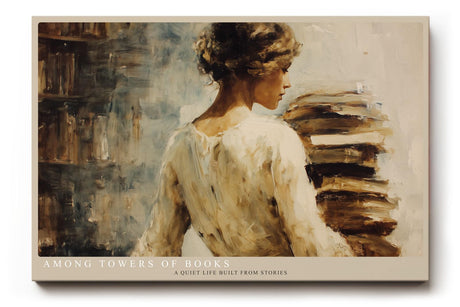 Paul Sinus Wandbild 120x80cm Frau mit Buechern Malerei modern beige literarische Kunst Kunstdruck grosses Kunstbild stilvolle Wanddekoration fuer Wohnzimmer Büro