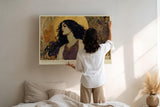 Paul Sinus Wandbild 120x80cm Frau mit Goldenem Heiligenschein Elegantes Portrait Kunst in Gold und Beige Wanddekoration