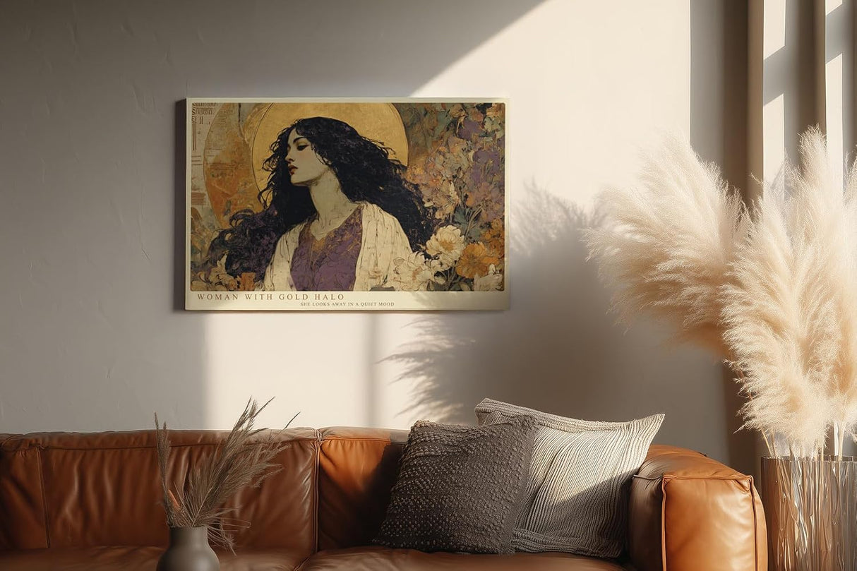 Paul Sinus Wandbild 120x80cm Frau mit Goldenem Heiligenschein Elegantes Portrait Kunst in Gold und Beige Wanddekoration