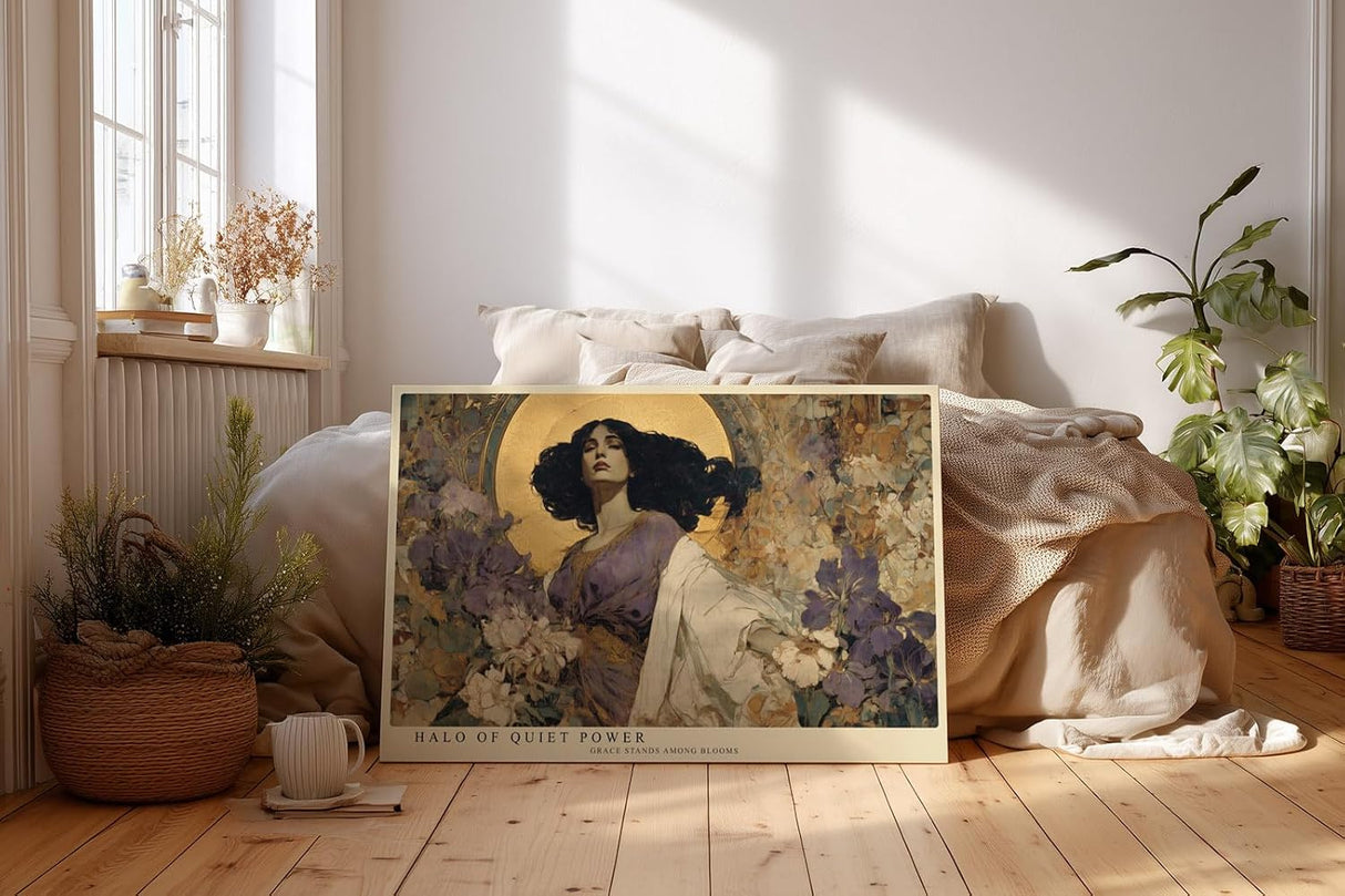 Paul Sinus Wandbild 120x80cm Frau Mit Heiligenschein Florale Kunst LeinWandbild 120x80cm Elegantes Portrait Wanddekoration