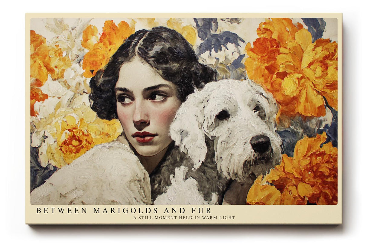 Paul Sinus Wandbild 120x80cm Frau mit Hund und Goldenen Blumen Romantisches Portrait Kunstbild in warmen Farben fuer Wohnzimmer Schlafzimmer und Esszimmer