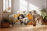 Paul Sinus Wandbild 120x80cm Frau mit Hund und Goldenen Blumen Romantisches Portrait Kunstbild in warmen Farben fuer Wohnzimmer Schlafzimmer und Esszimmer