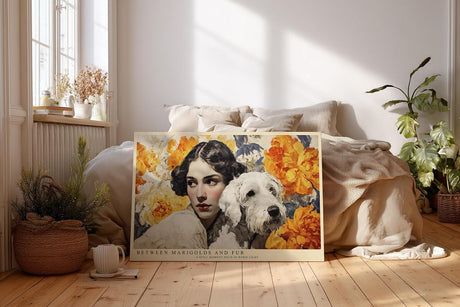 Paul Sinus Wandbild 120x80cm Frau mit Hund und Goldenen Blumen Romantisches Portrait Kunstbild in warmen Farben fuer Wohnzimmer Schlafzimmer und Esszimmer