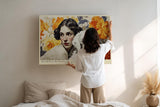 Paul Sinus Wandbild 120x80cm Frau mit Hund und Goldenen Blumen Romantisches Portrait Kunstbild in warmen Farben fuer Wohnzimmer Schlafzimmer und Esszimmer