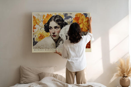 Paul Sinus Wandbild 120x80cm Frau mit Hund und Goldenen Blumen Romantisches Portrait Kunstbild in warmen Farben fuer Wohnzimmer Schlafzimmer und Esszimmer