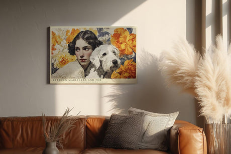 Paul Sinus Wandbild 120x80cm Frau mit Hund und Goldenen Blumen Romantisches Portrait Kunstbild in warmen Farben fuer Wohnzimmer Schlafzimmer und Esszimmer