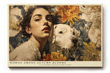 Paul Sinus Wandbild 120x80cm Frau mit Hund und Herbstblumen Romantisches Kunstmotiv Warme Farben fuer Wohnzimmer Schlafzimmer und Esszimmer