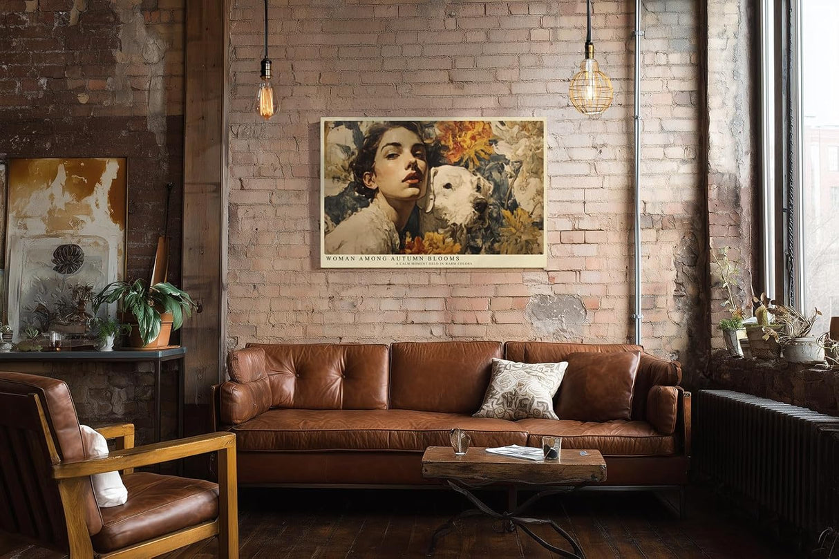 Paul Sinus Wandbild 120x80cm Frau mit Hund und Herbstblumen Romantisches Kunstmotiv Warme Farben fuer Wohnzimmer Schlafzimmer und Esszimmer