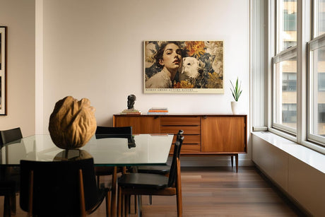 Paul Sinus Wandbild 120x80cm Frau mit Hund und Herbstblumen Romantisches Kunstmotiv Warme Farben fuer Wohnzimmer Schlafzimmer und Esszimmer