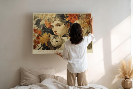 Paul Sinus Wandbild 120x80cm Frau Mit Katze Blumen Kunst LeinWandbild 120x80cm Romantisches Portrait Wanddekoration
