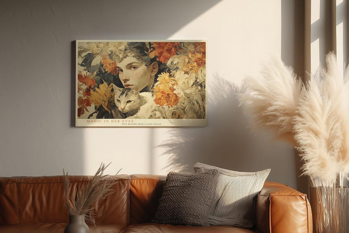 Paul Sinus Wandbild 120x80cm Frau Mit Katze Blumen Kunst LeinWandbild 120x80cm Romantisches Portrait Wanddekoration