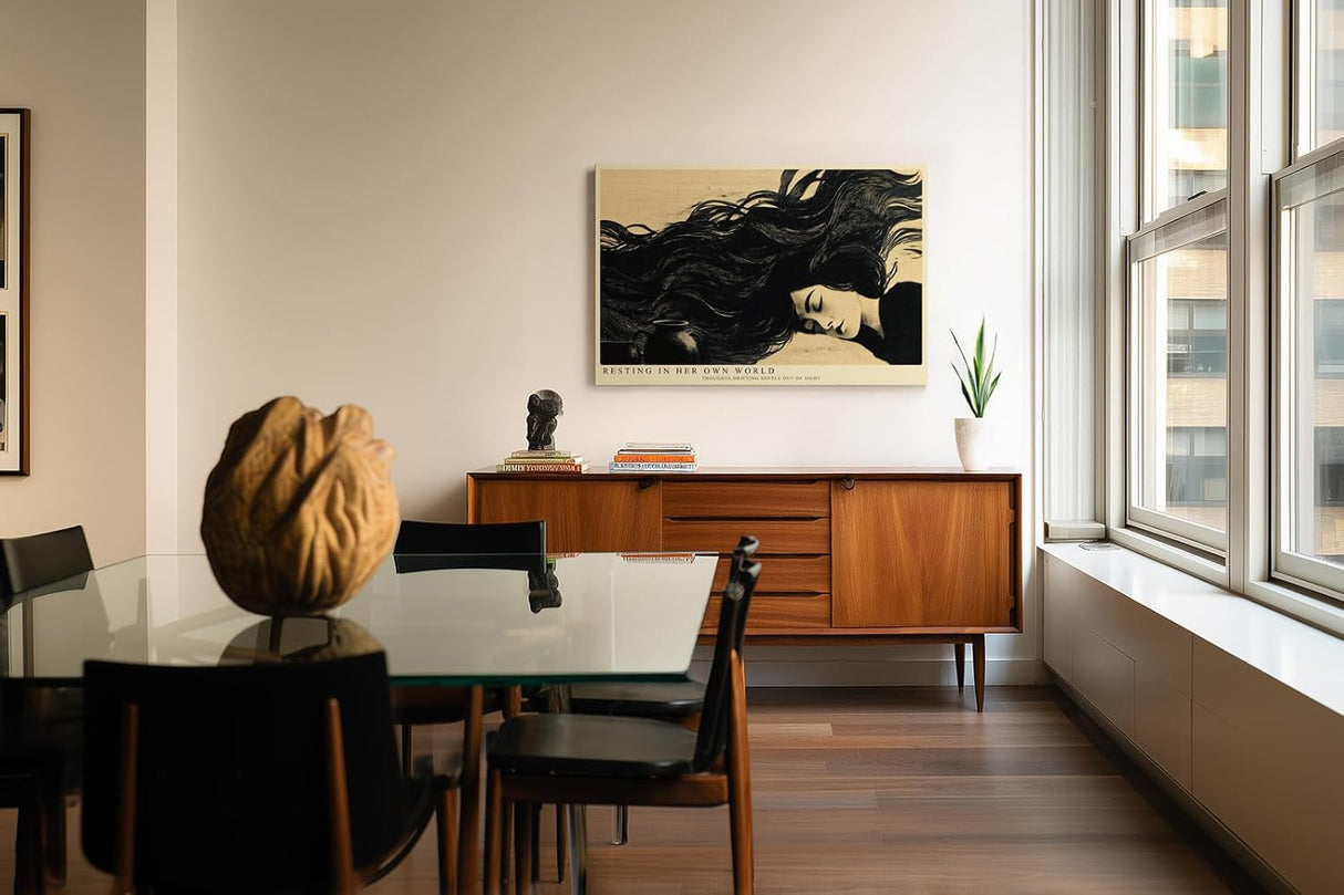 Paul Sinus Wandbild 120x80cm Frau mit langen Haaren moderne Illustration schwarz beige poetische Kunst grosses Kunstbild stilvolle Wanddekoration fuer Wohnzimmer Büro