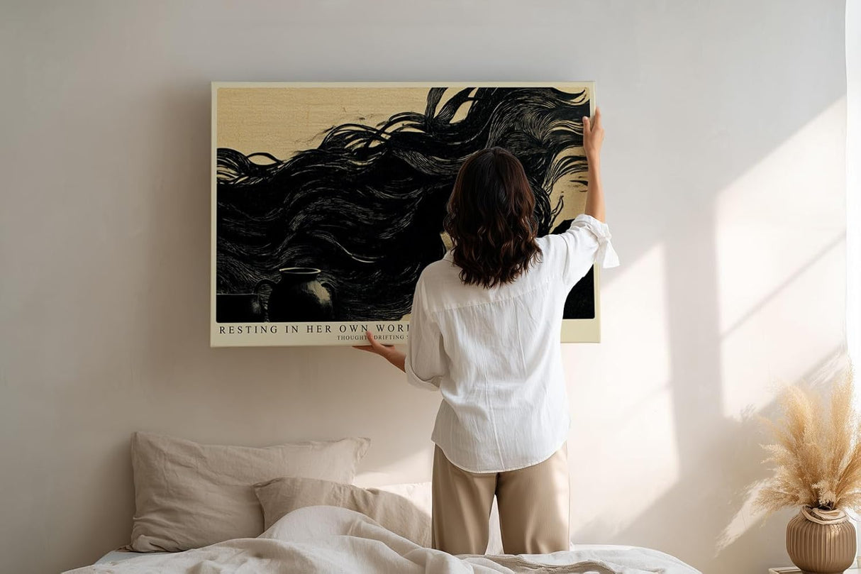 Paul Sinus Wandbild 120x80cm Frau mit langen Haaren moderne Illustration schwarz beige poetische Kunst grosses Kunstbild stilvolle Wanddekoration fuer Wohnzimmer Büro