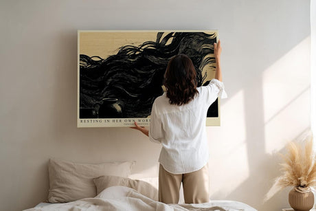Paul Sinus Wandbild 120x80cm Frau mit langen Haaren moderne Illustration schwarz beige poetische Kunst grosses Kunstbild stilvolle Wanddekoration fuer Wohnzimmer Büro