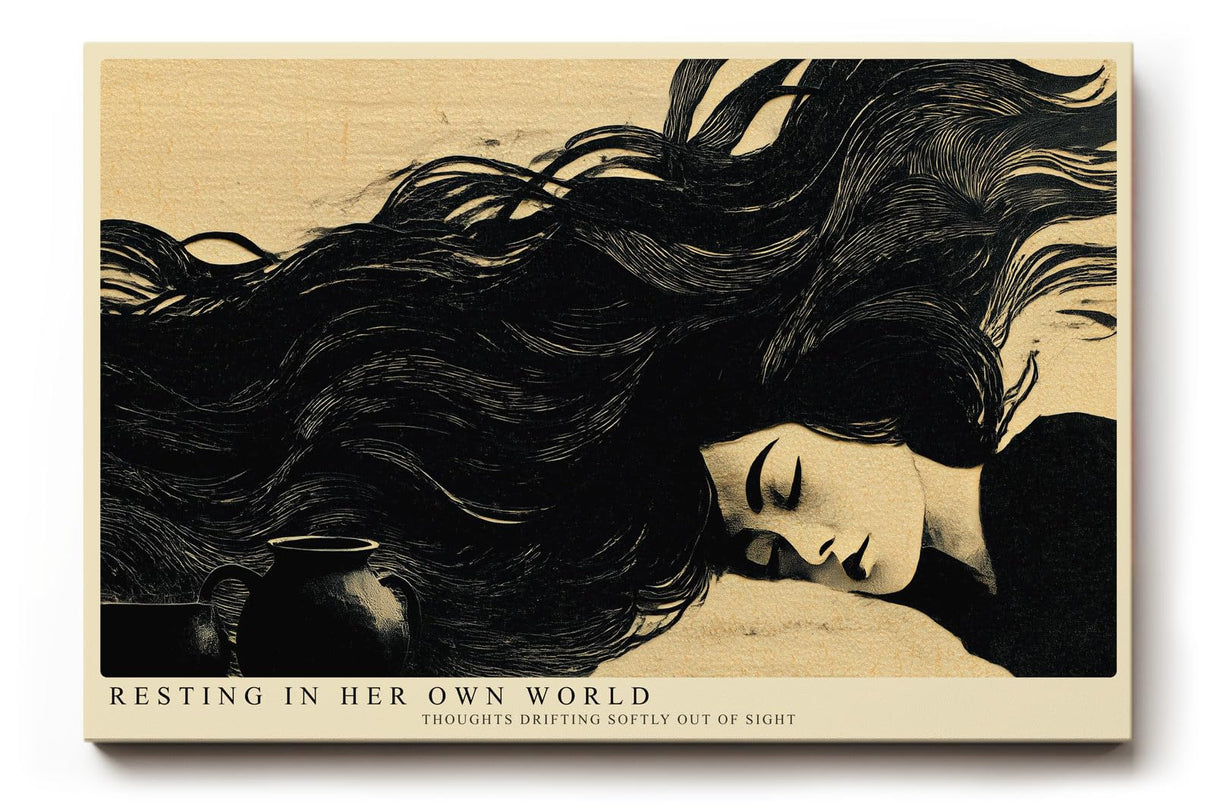 Paul Sinus Wandbild 120x80cm Frau mit langen Haaren moderne Illustration schwarz beige poetische Kunst grosses Kunstbild stilvolle Wanddekoration fuer Wohnzimmer Büro