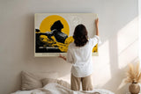 Paul Sinus Wandbild 120x80cm Frau Silhouette moderne Kunst gelb schwarz Mond Landschaft kuenstlerisches Portrait Wanddekoration fuer Wohnzimmer Büro
