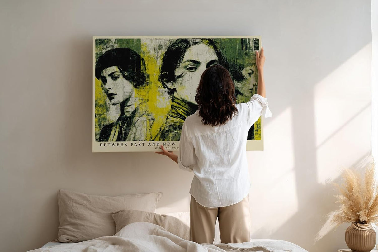 Paul Sinus Wandbild 120x80cm Frauen Portrait Collage in Gelb Schwarz Vintage Moderne Kunst für Wohnzimmer Schlafzimmer Büro