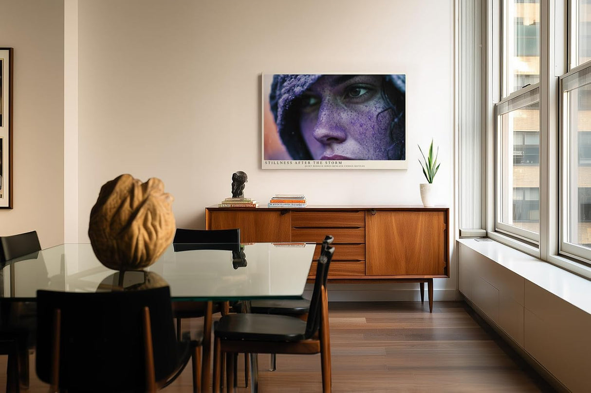 Paul Sinus Wandbild 120x80cm Frauenportraet nach Regen emotionale Fotokunst moderne Portrait Fotografie violette Farben stilvolle Wanddekoration fuer Wohnzimmer Büro
