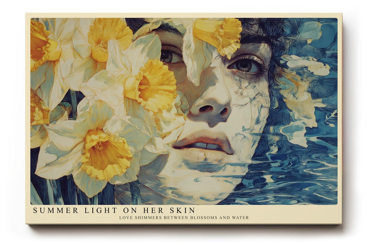 Paul Sinus Wandbild 120x80cm Frauenportrait mit Narzissen und Wasser Poetische Kunst in Blau und Gelb fuer moderne Wohnräume