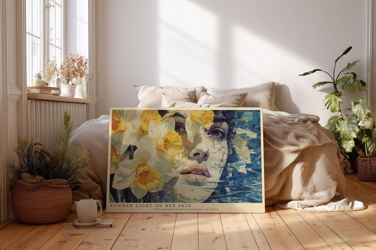 Paul Sinus Wandbild 120x80cm Frauenportrait mit Narzissen und Wasser Poetische Kunst in Blau und Gelb fuer moderne Wohnräume
